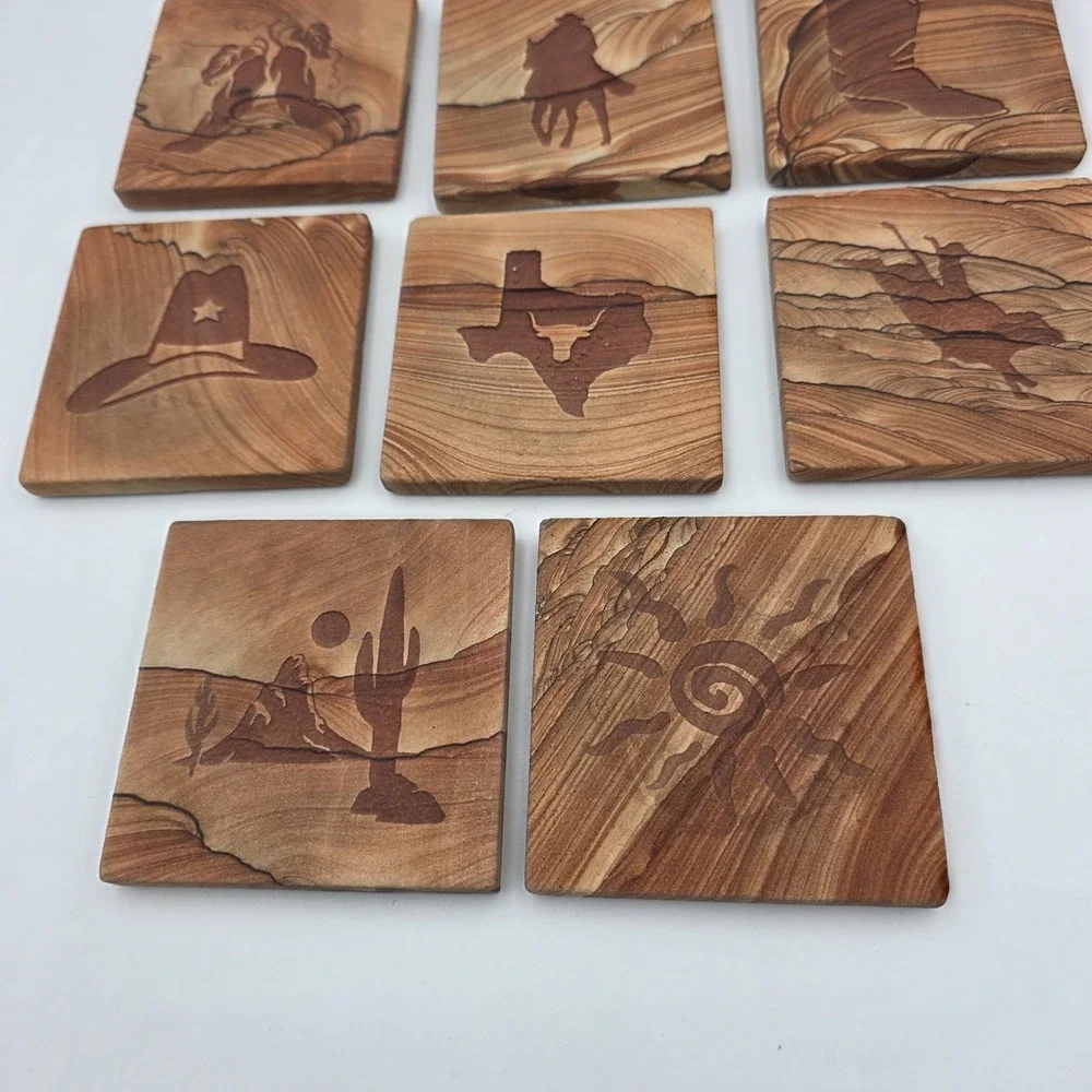 King Ranch Engraved Sanded Tile Coaster Set with Holder Western Horses Texas 9pc